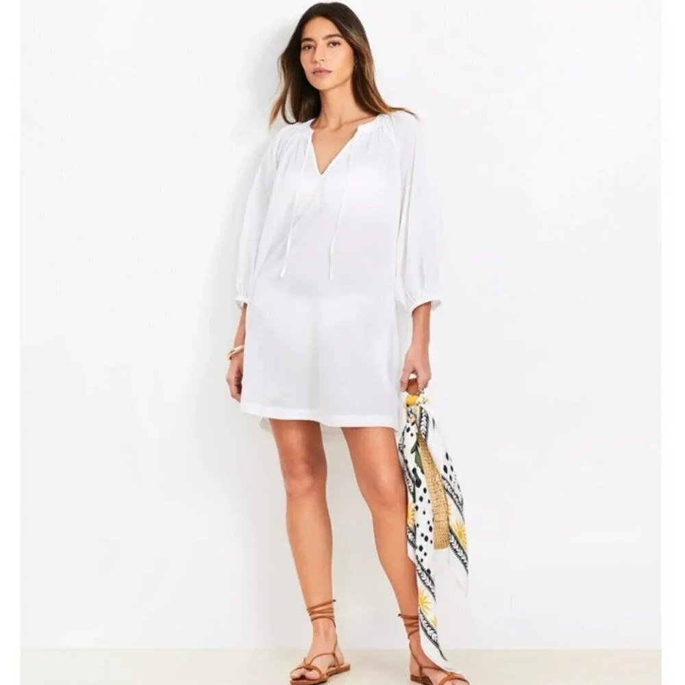 NWOT LOFT Beach White V-Neck Swimsuit Cover-Up Cotton Beach Dress Size Medium